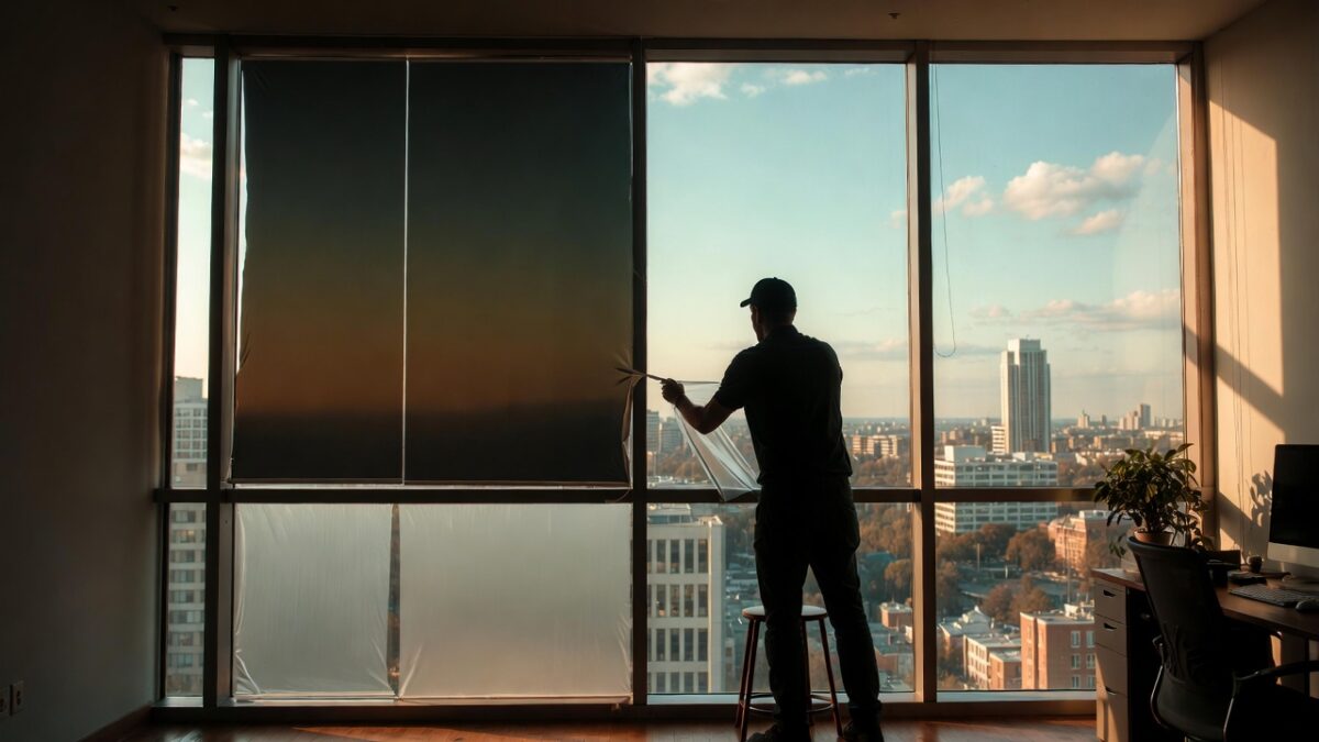 person installing commercial window film image