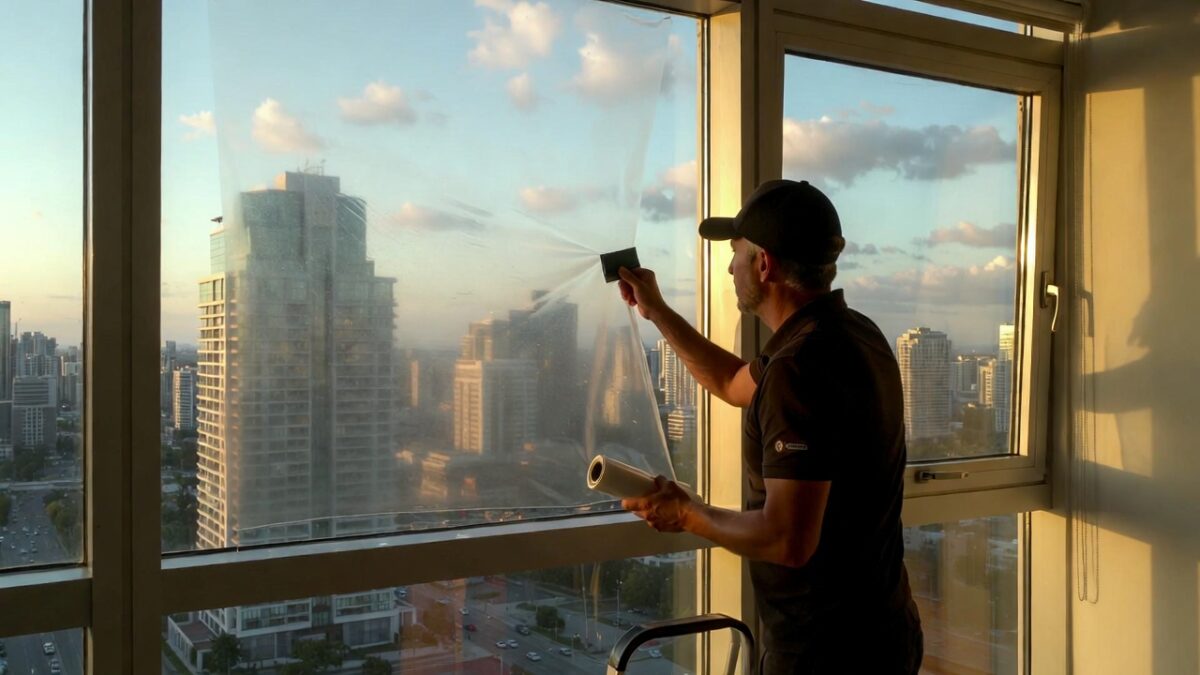 person installing commercial window film image