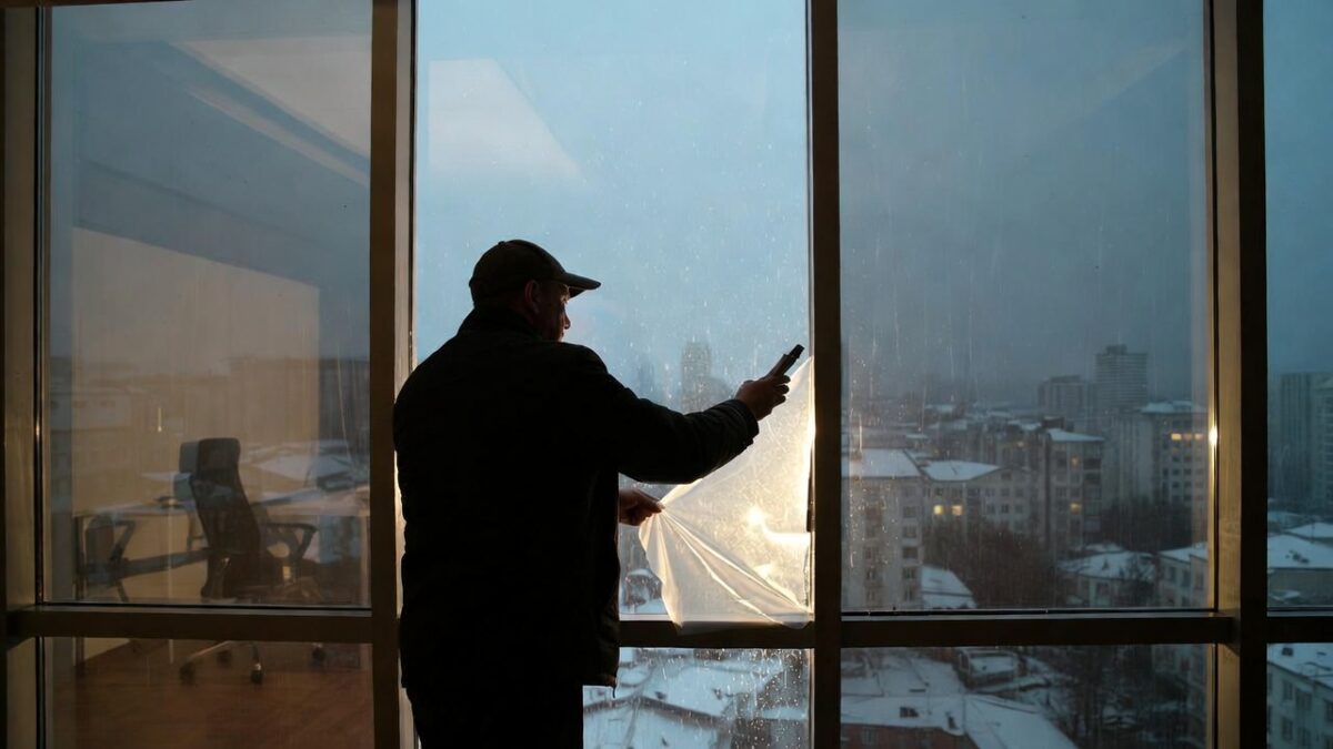 person installing window film in the winter