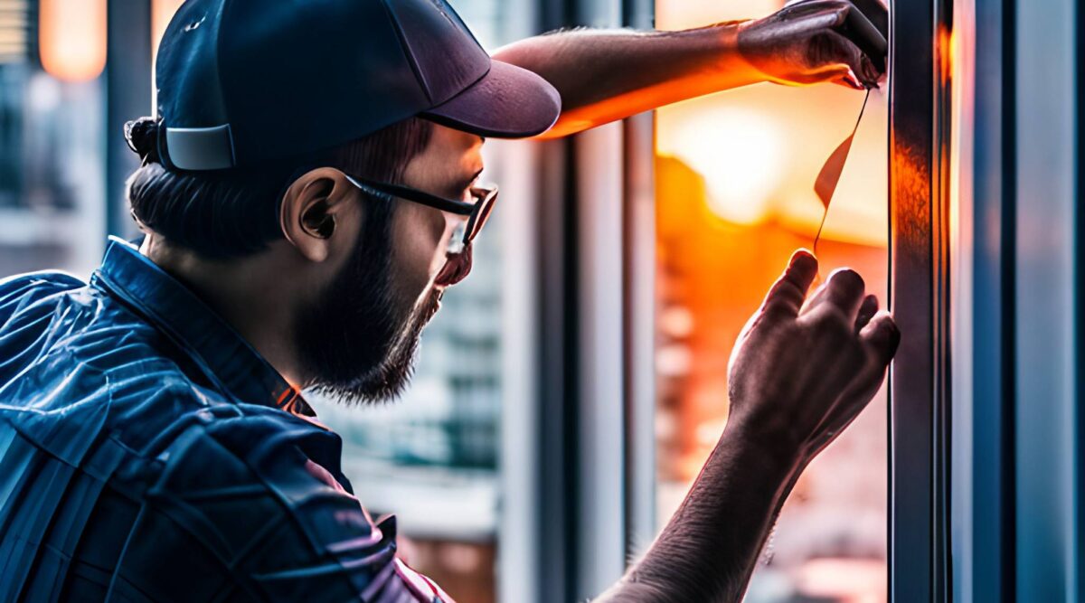 man installing window film