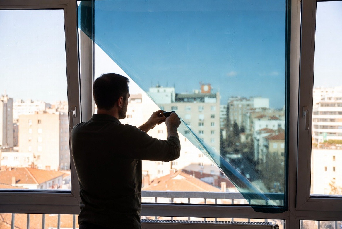 person-installing-window-film-on-glass